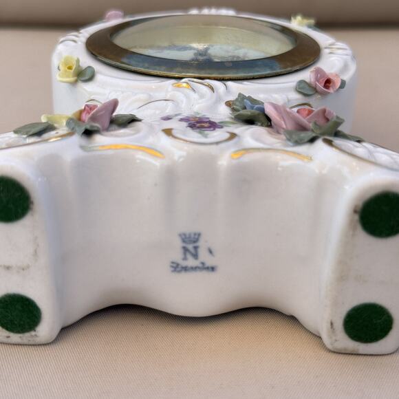 Vtg Dresden Mercedes Wind Up Miniature Porcelain Desk Clock Mark N Dresden WORKS - Picture 3 of 5